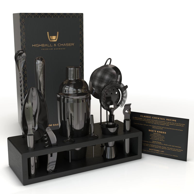 Highball  Chaser Highball & Chaser 13-Piece Cobbler Cocktail Shaker Set: Black Polished Stainless Steel Bartender Kit for Home Bar Set | Laser Engraved Tools Plus E-Book with 30 Recipes - Image 1
